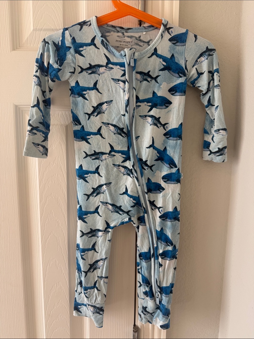Posh Peanut Light Blue Shark Print Zippered One-Piece Footie